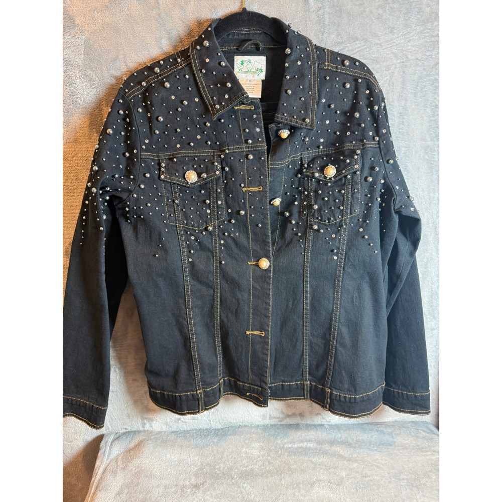 Quacker Factory Denim Jacket Womens Medium Black Excellent Studded Rhinestone